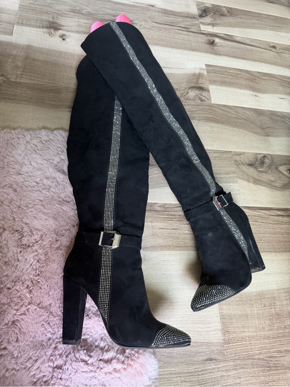 Shoe Dazzle Black Over-the-Knee Rhinestone-Trim Heeled Boots